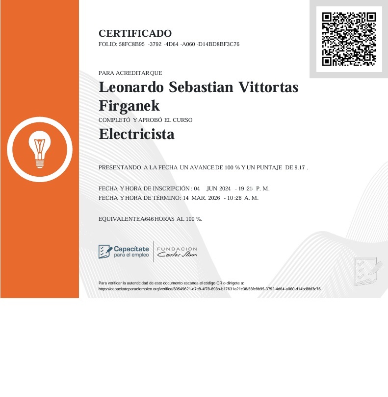 Certificado de electricista de Leonardo Sebastian Vittortas Firganek